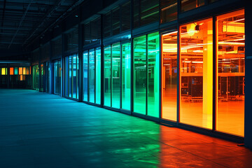 Illuminated modern building with colorful lighting through large glass windows.