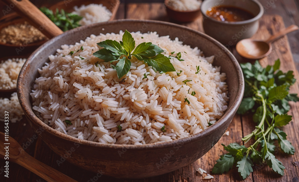Poster bowl of rice with a green leaf on top. there are also some spoons and bowls on the table