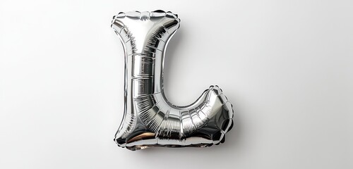 Shiny silver "L" balloon against white, highlighting its metallic surface with soft lighting,