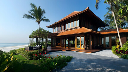 Obraz premium Beachfront Hawaii Home with Private Palm Grove and Lava Rock, Modern Maui Oceanfront Estate with Infinity Pool