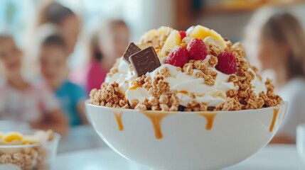 Delicious Granola Yogurt Parfait with Fresh Raspberries and Drizzled Caramel