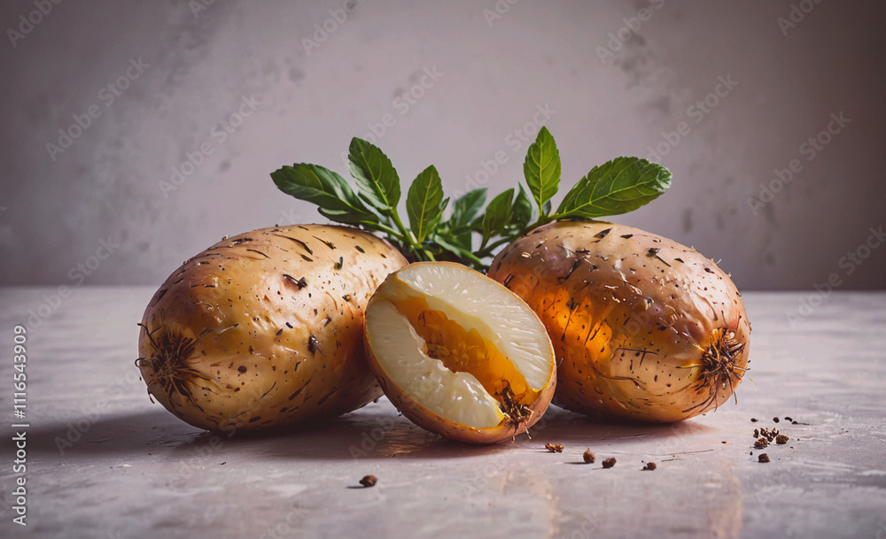 Poster three potatoes are on a table. one of them is cut in half. the other two are whole