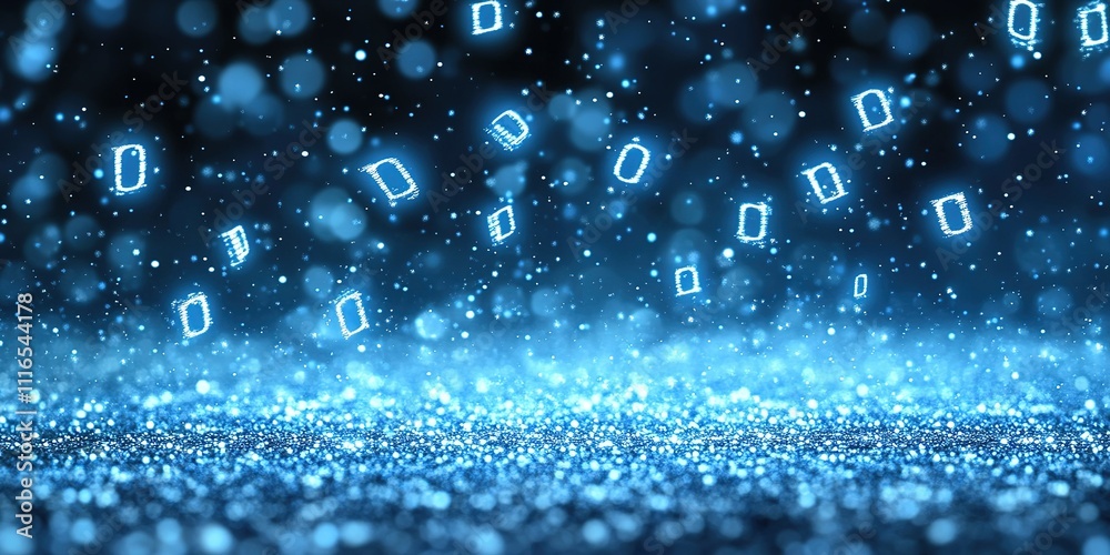 Poster digital symbols floating amidst a blue sparkly background creating a mesmerizing visual effect