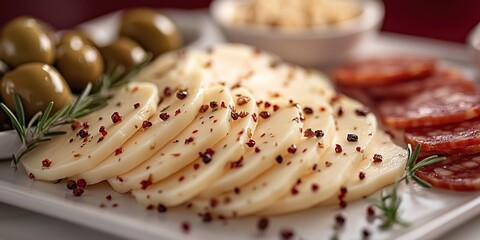 Cured meats and cheeses served on a platter with olives and spices during a cozy gathering