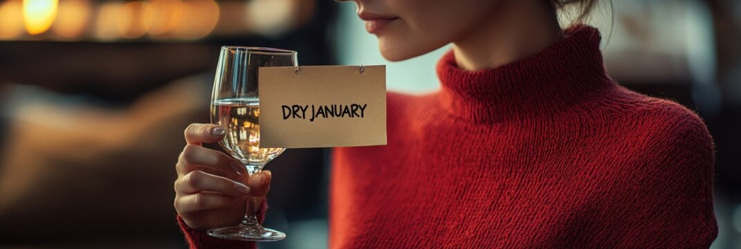 Dry January Theme with Woman Holding Wine Glass with Note for Alcohol-Free Challenge - Powered by Adobe