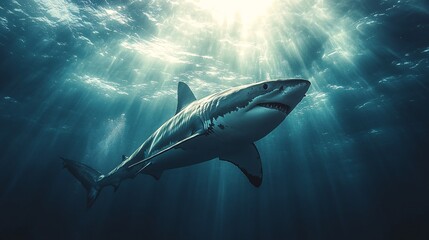Fototapeta premium A powerful shark swimming through deep ocean waters
