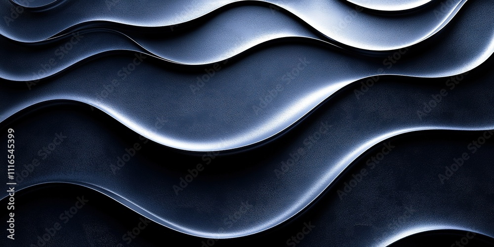 Poster curved metallic surfaces create an abstract wave pattern in deep blue and silver tones highlighting 