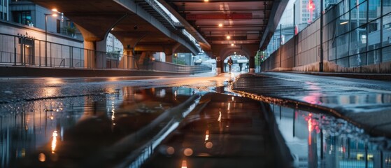 Reflections shimmer on wet pavement beneath a city overpass, capturing urban life's gritty beauty and the aftermath of rain.