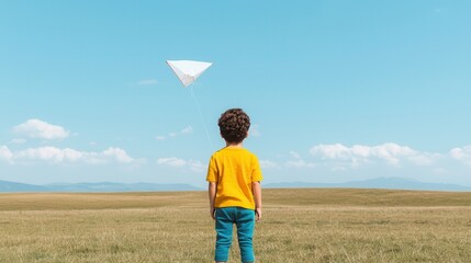 Child launches paper plane in open field nature scene bright sky joyful exploration