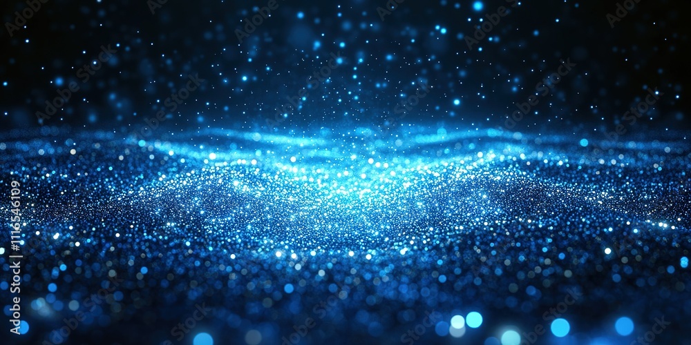 Poster mesmerizing blue light particles creating a shimmering effect above a dark background in a digital a