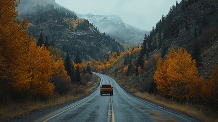 Truck driving on a scenic autumn mountain road in the rain.