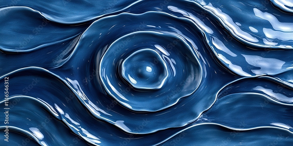 Poster ripples of blue fluid create an artistic and textured pattern across a surface in a tranquil setting