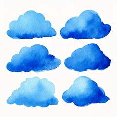 Watercolor blue clouds set isolated on white background. 