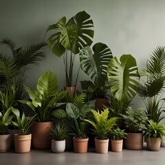 Fototapeta premium Lush Indoor Jungle Tropical Plants Houseplants Green Foliage Potted Plants Home Decor