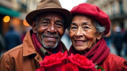 Obraz premium Happy elderly African man and elderly woman on a busy city street with a beautiful bouquet of flowers. Valentine's Day celebration concept, love at any age