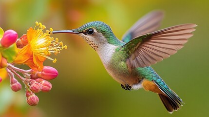 Fototapeta premium A vibrant hummingbird feeding on nectar from a blooming flower