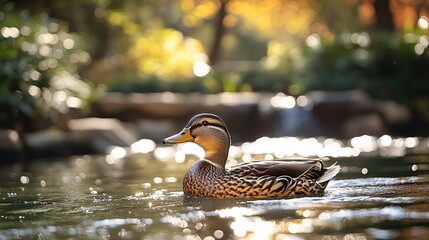 A duck taking a leisurely swim in a serene pond