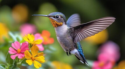 Fototapeta premium A hummingbird darting around a cluster of bright flowers