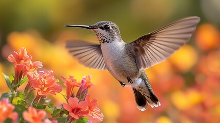 Obraz premium A hummingbird darting around a cluster of bright flowers