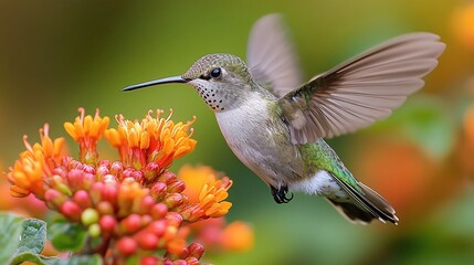 Fototapeta premium A hummingbird darting around a cluster of bright flowers