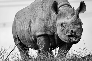 Eastern Black Rhino. Monochrome portrait at Folly Farm. 1 of 7 zoos in the UK caring for this critically endangered animal in their wildlife conservation programmes. Only 650 rhinos left in the wild. 