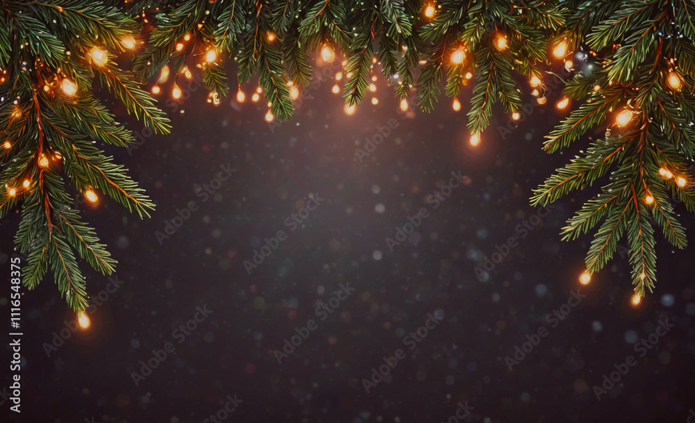 Poster christmas tree with lights on it. the tree is on a dark background