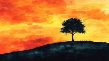 Obraz premium Silhouette of a Lone Tree Against a Vibrant Sunset Sky with Dramatic Orange and Yellow Hues, Emphasizing Nature's Beauty and Tranquility