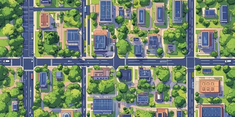 Fototapeta premium Urban landscape featuring modern buildings and greenery in an aerial view of a city neighborhood