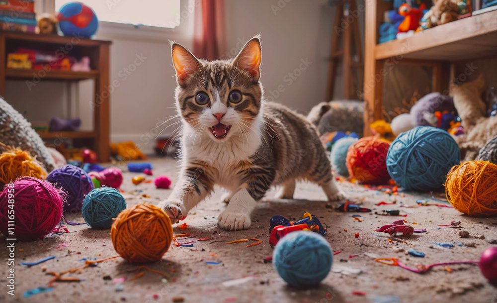 Poster kitten is playing with a bunch of colorful balls. the balls are scattered all over the floor