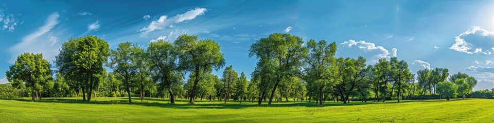 Trees Sky. Summer Park Landscape with Green Meadow and Panoramic View