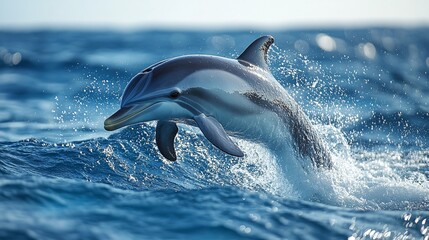 A playful dolphin leaping out of the water in the open sea