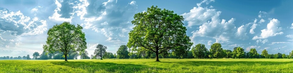 Fototapeta premium Trees Sky. Summer Park Landscape with Green Meadow and Trees