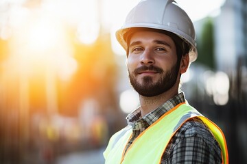 Smiling construction worker at sunset with helmet and vest