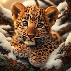 Obraz premium Delighted Leopard Cub Playing in Snowy African Jungle