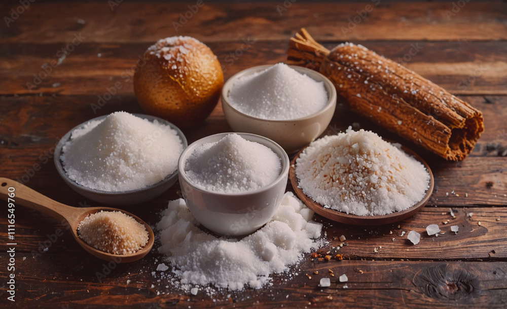 Poster wooden table with four bowls of different colored sugar and a wooden spoon. the sugar is in differen