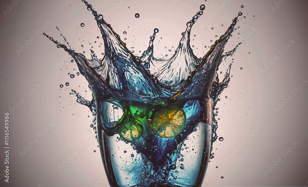 Poster glass of water with a splash of green and yellow. the splash is in the shape of a crown
