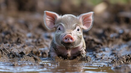 A piglet happily wallowing in the mud