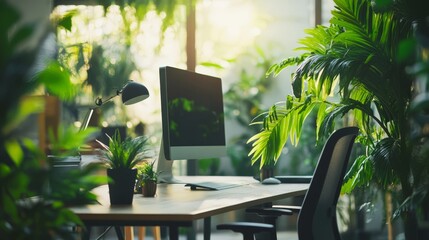 Fototapeta premium Modern Open Office Design with Natural Light and Green Plants