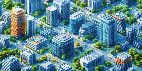 Obraz premium Modern urban landscape showcases skyscrapers, parks, and bustling streets in a vibrant city during the daytime