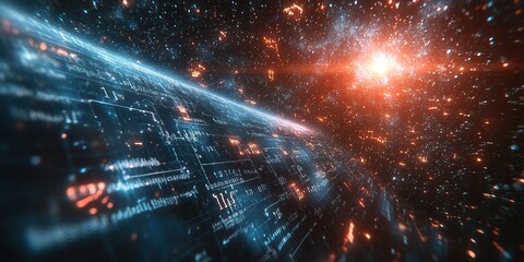 Obraz premium Exploration of cosmic data in a vibrant nebula with glowing digital elements