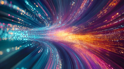 Abstract technology big data background concept: digital data flow motion, transfer and storage of data sets, blockchain technology, server infrastructure, and high-speed internet connectivity