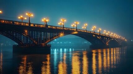 Illuminated bridge reflecting in the calm waters during foggy evening.