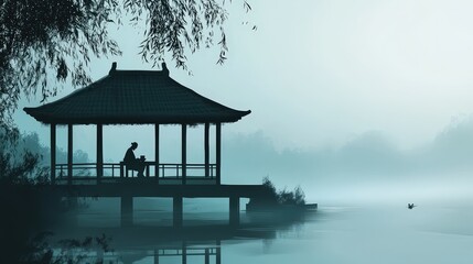 Illustrate a tranquil, misty morning at a quiet tea house, where someone sips tea while listening to soft traditional music