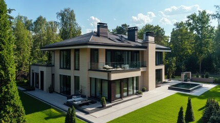 Modern luxury home with pool and green lawn.