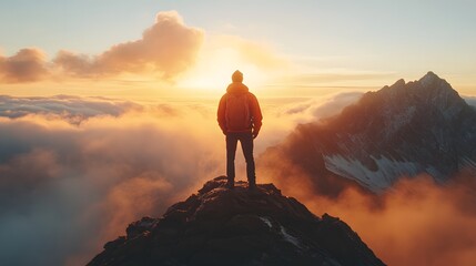 Obraz premium Solo male hiker enjoying a stunning sunset above the clouds on a mountaintop.