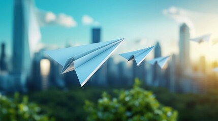 Naklejka premium Paper airplanes gliding over a cityscape or landscape, representing exploration, progress, and the pursuit of common aspirations.