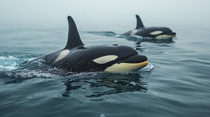 An orca family swimming gracefully in the open sea