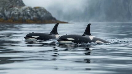 Fototapeta premium An orca family swimming gracefully in the open sea