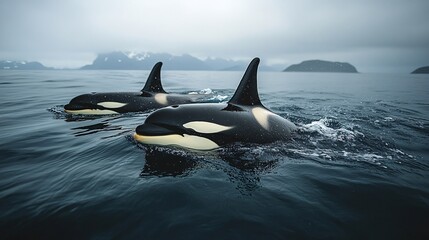 Fototapeta premium An orca family swimming gracefully in the open sea