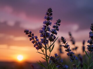 Sunset Lavender Flowers Field Nature Beauty Peaceful Scene